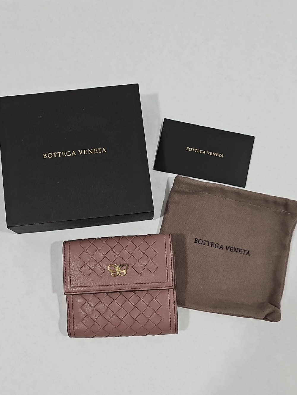 Bottega Veneta Mauve Woven Leather Tri-Fold Wallet with Gold Butterfly #54